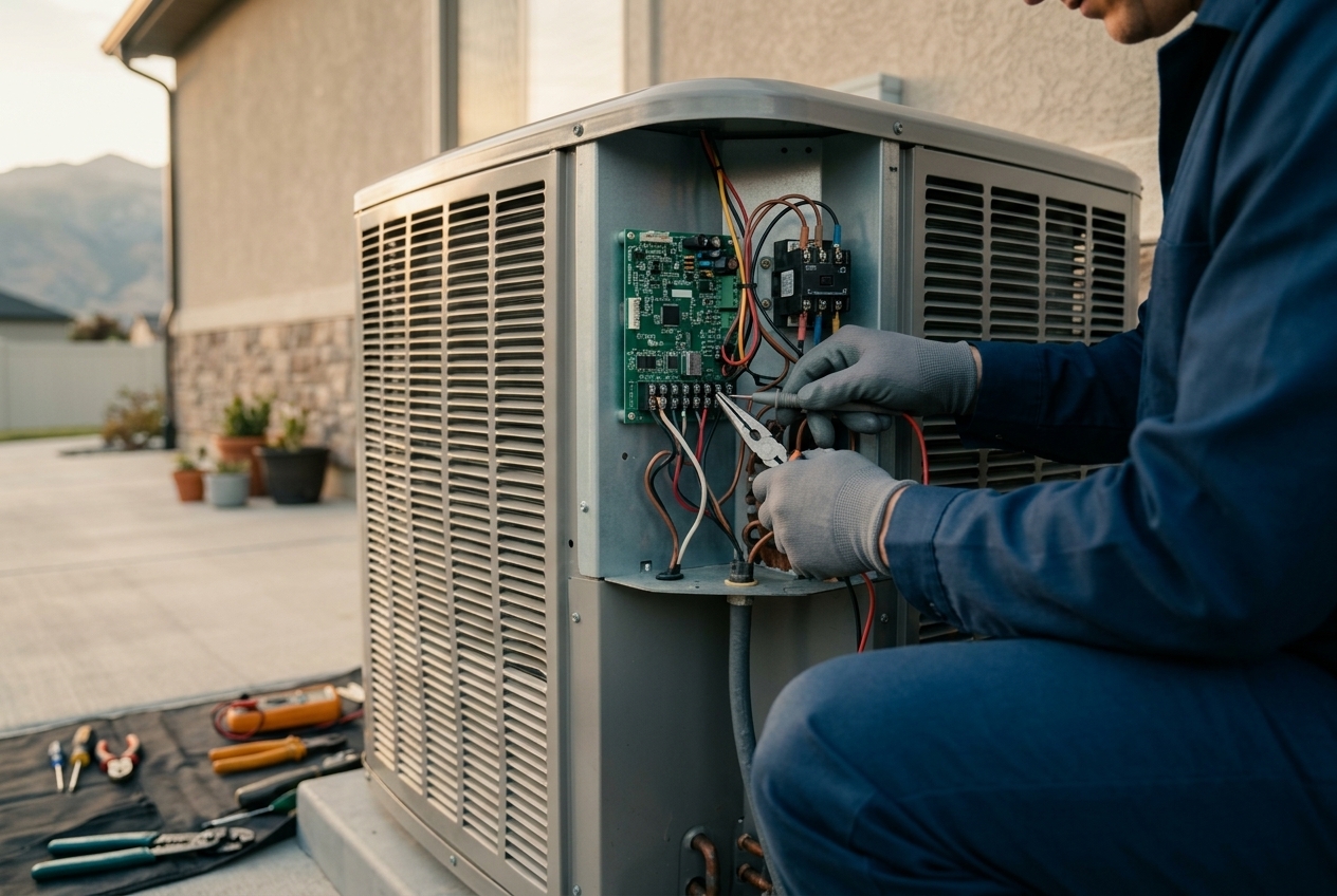 Close-up of a technician repairing the components of an outdoor AC condenser unit