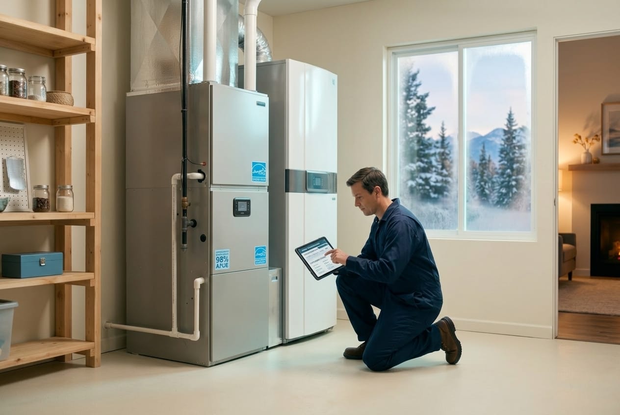 Technician installing a high-efficiency HVAC air handler in a Utah home utility closet
