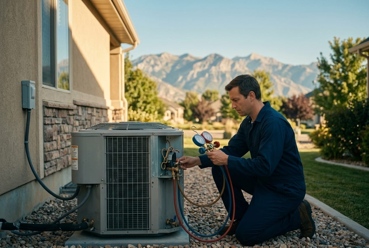 HVAC technician diagnosing an outdoor AC condenser with refrigerant gauges at a Salt Lake City home