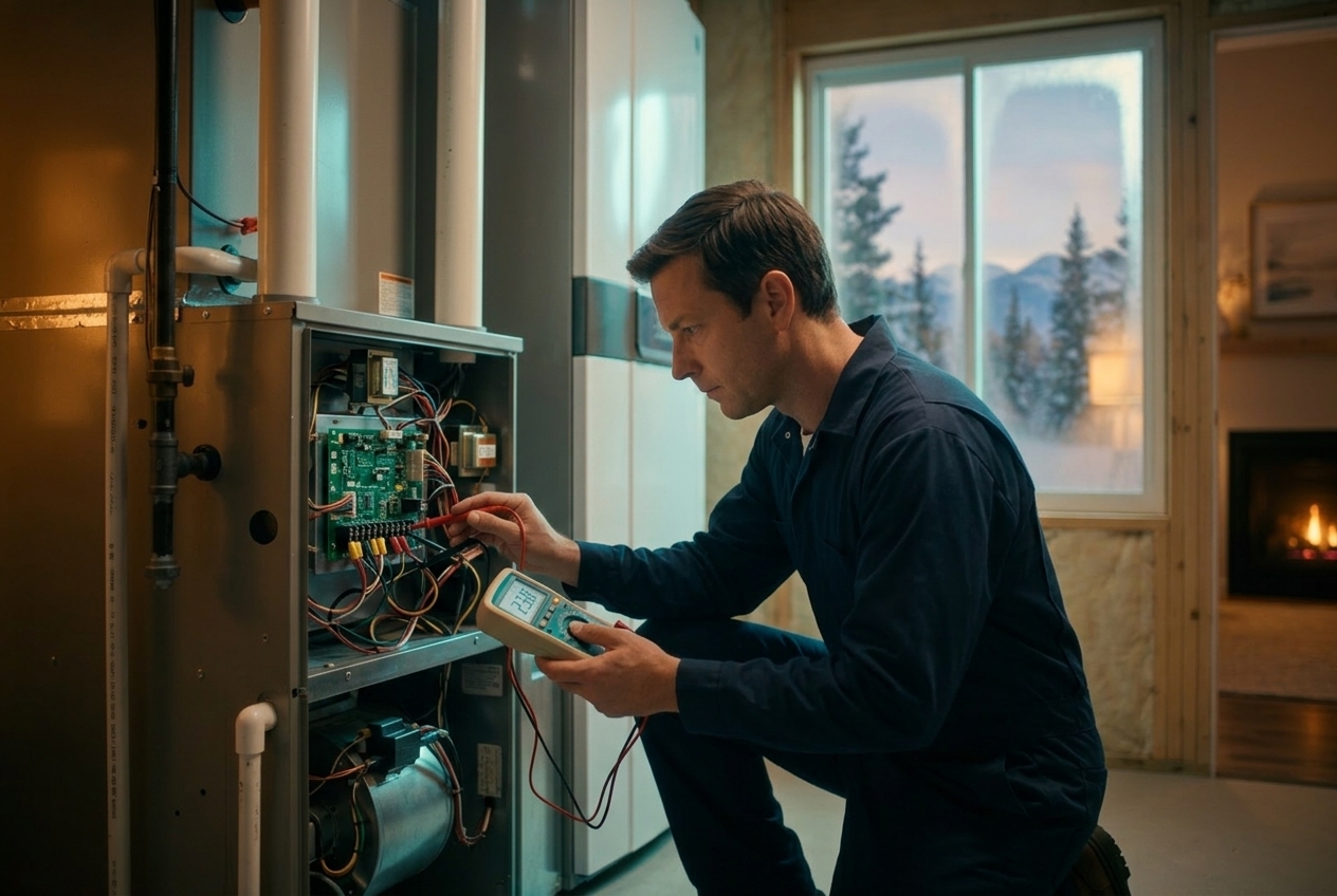 Technician testing a furnace control board with a digital multimeter in a Utah basement