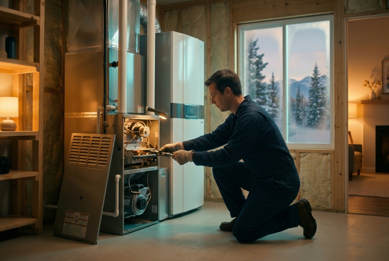 Technician repairing the burner assembly of a residential gas furnace in a Utah basement