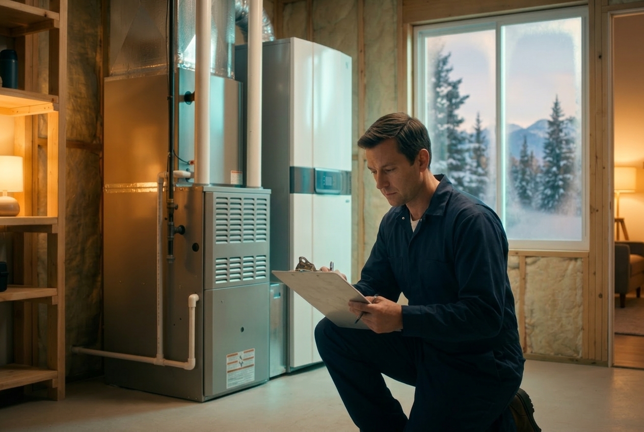 Technician evaluating an old gas furnace with a clipboard in a Utah basement