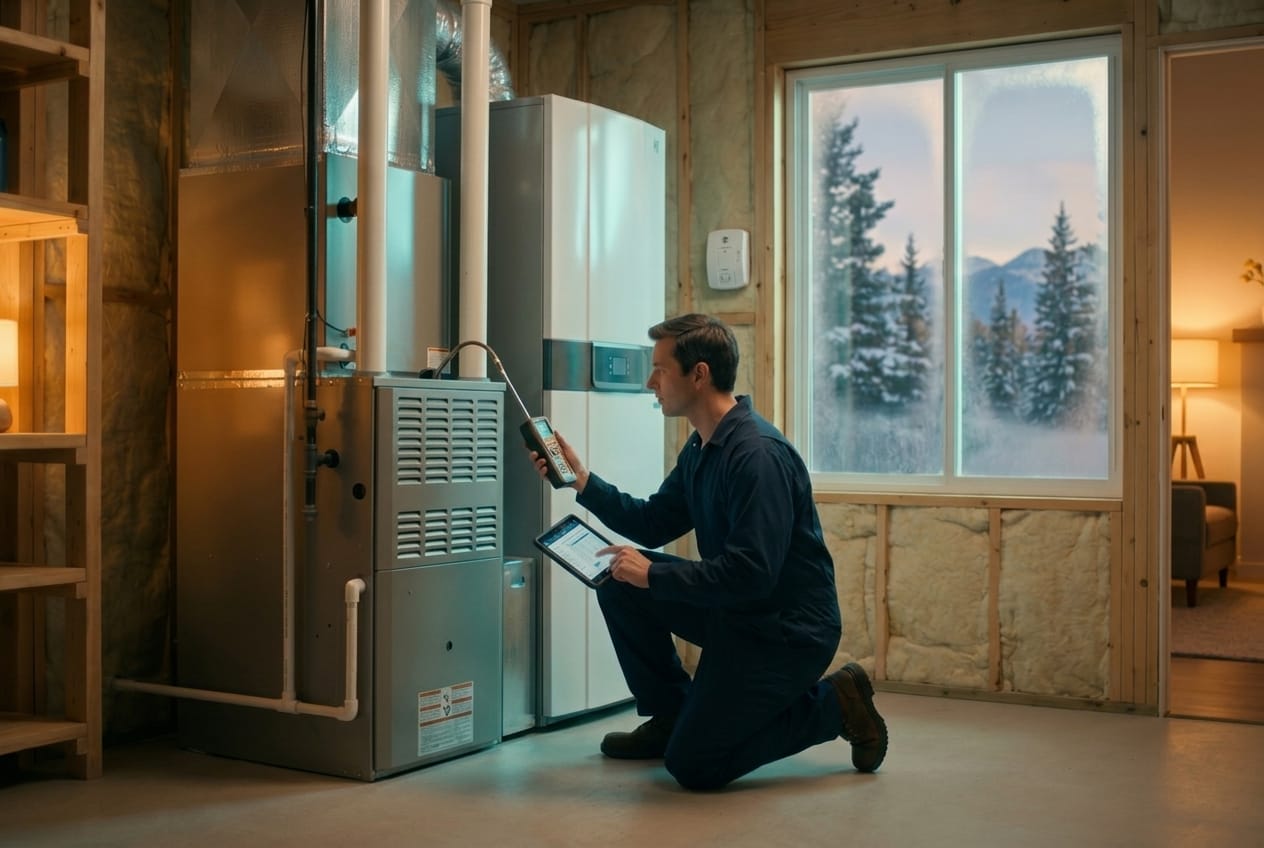 Technician performing a furnace safety inspection near a carbon monoxide detector in a Utah basement