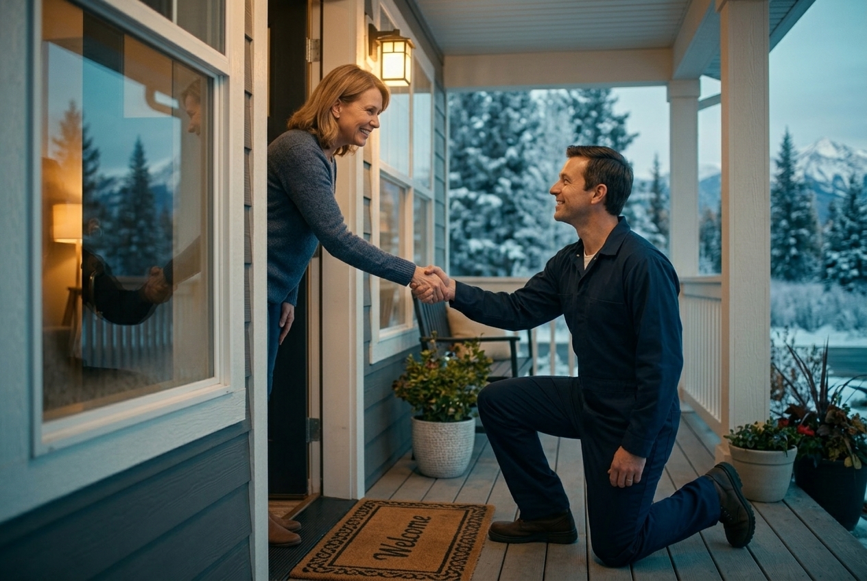 Friendly technician greeting a homeowner at the front door of a Utah home