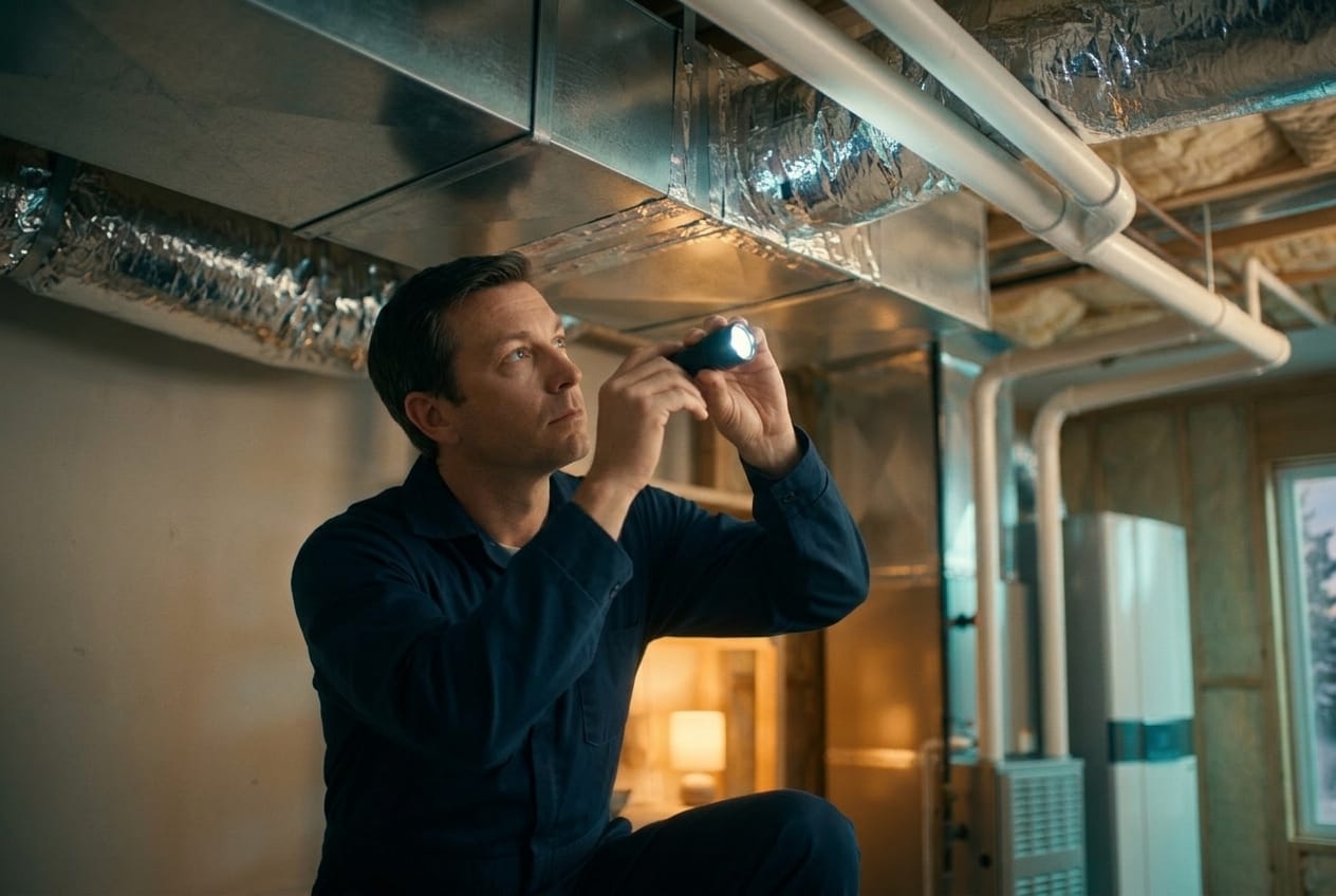 Technician inspecting metal HVAC ductwork with a flashlight in a Utah home basement
