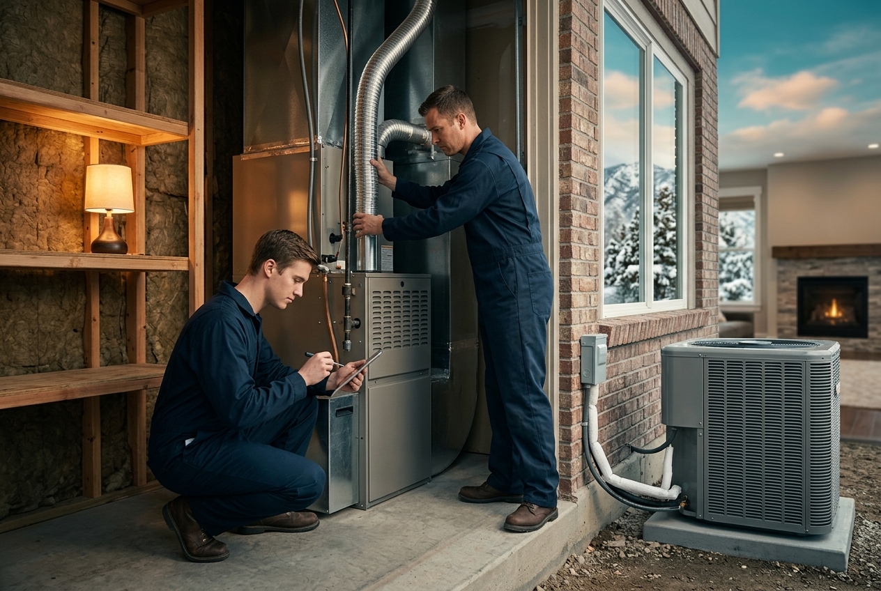 Two technicians installing a new furnace and outdoor AC unit in a Utah home