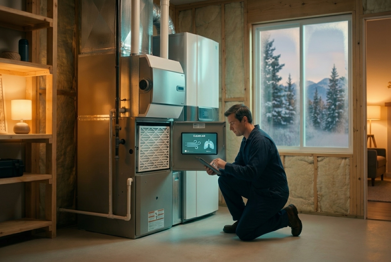 Technician installing a whole-home air purifier and clean filter on an HVAC system in a Utah home