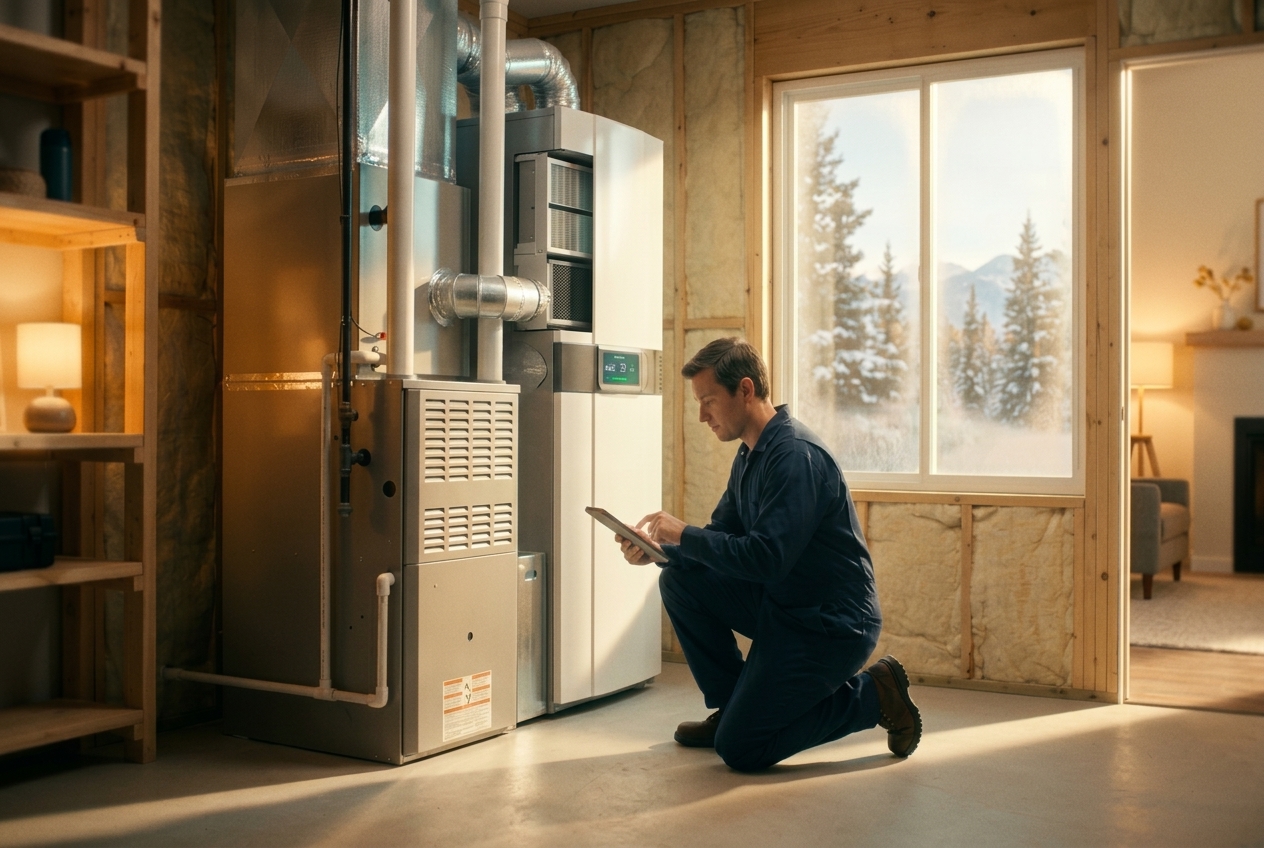 Technician installing a whole-home air purifier on an HVAC system in a bright Utah home