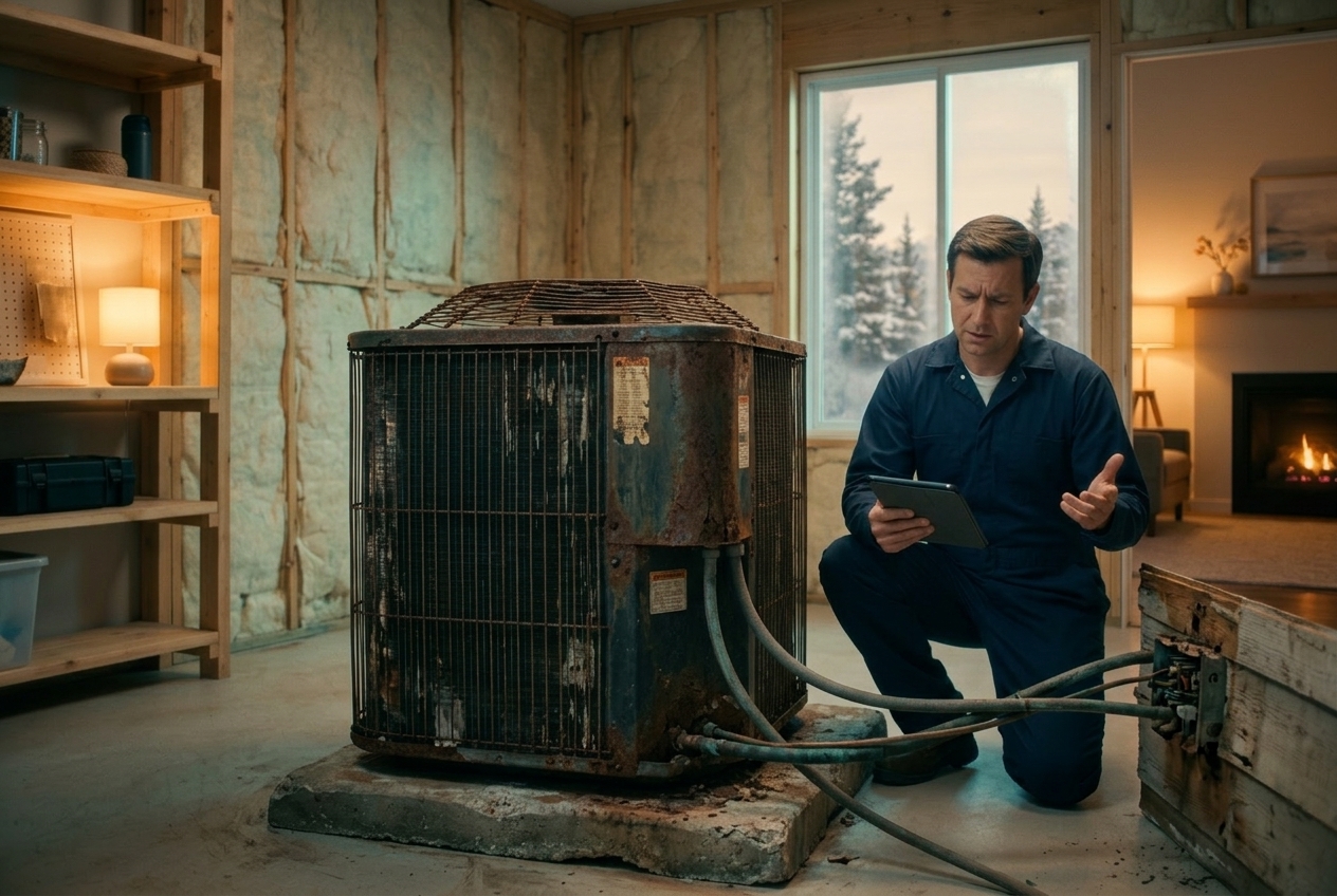 Technician examining an old, rusted outdoor AC unit near the end of its life beside a Utah home
