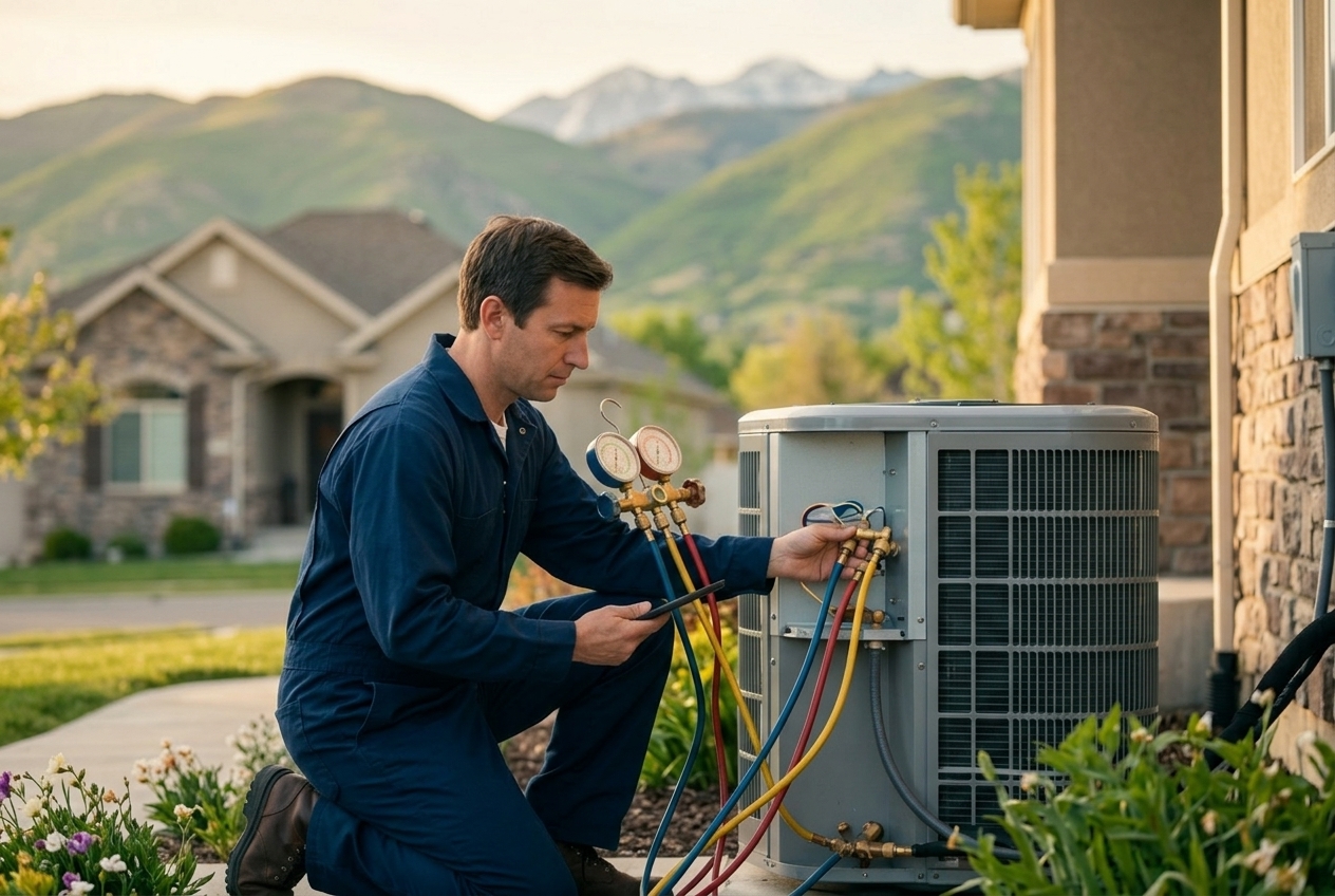 Technician reading refrigerant gauges on an outdoor AC unit during a spring tune-up in Salt Lake City