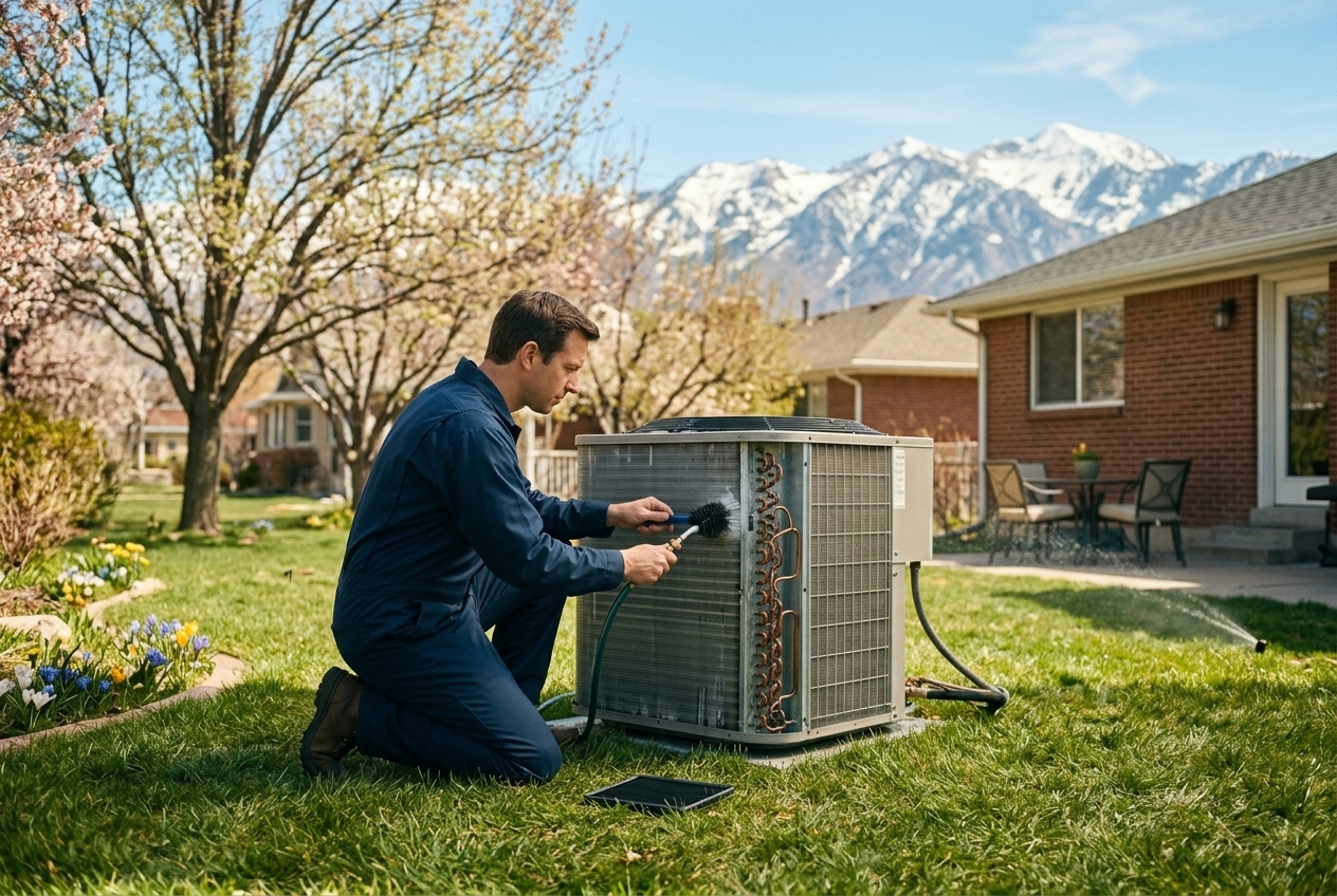 Technician cleaning an outdoor AC condenser during a spring tune-up at a Sandy Utah home