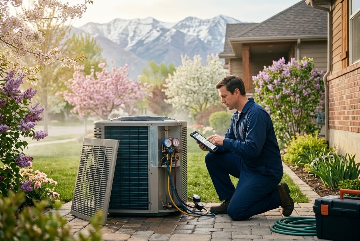 Technician performing spring maintenance on an outdoor AC unit at a Salt Lake City home