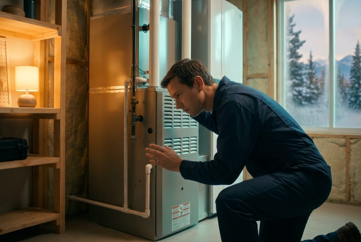 Technician listening closely to diagnose an unusual noise from a furnace in a Utah basement