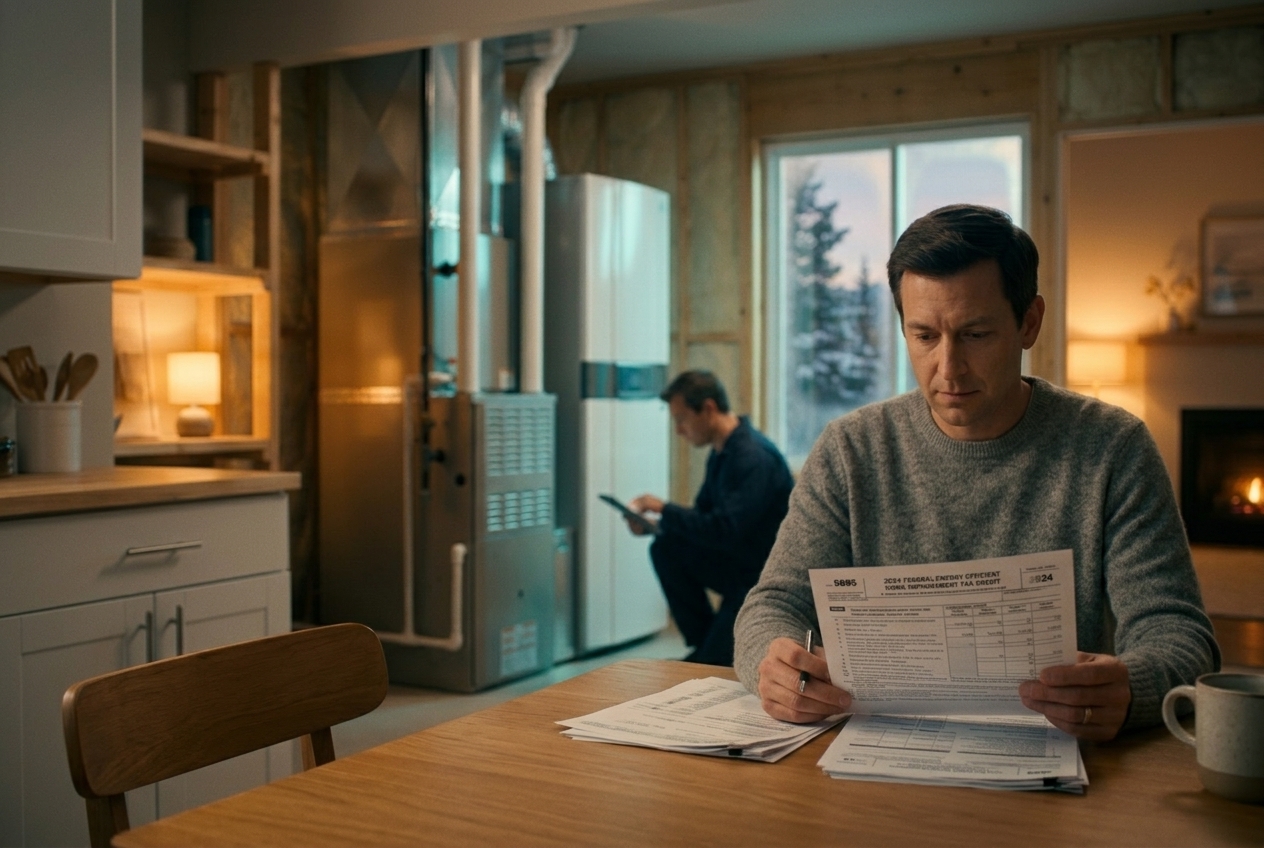 Homeowner reviewing energy tax-credit paperwork beside a new efficient HVAC system