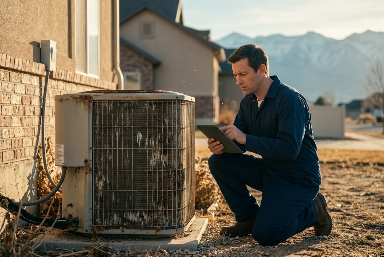 Technician inspecting an aging, weathered outdoor AC unit beside a Utah home