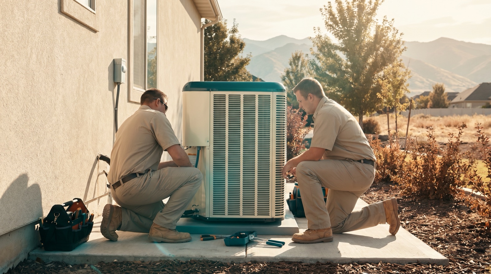 New central air conditioner condenser being installed beside a Utah home
