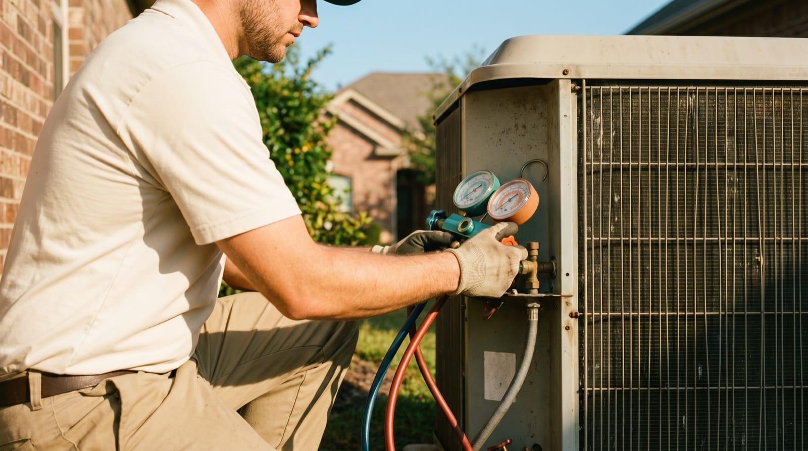 Technician repairing an outdoor AC condenser unit beside a Utah home