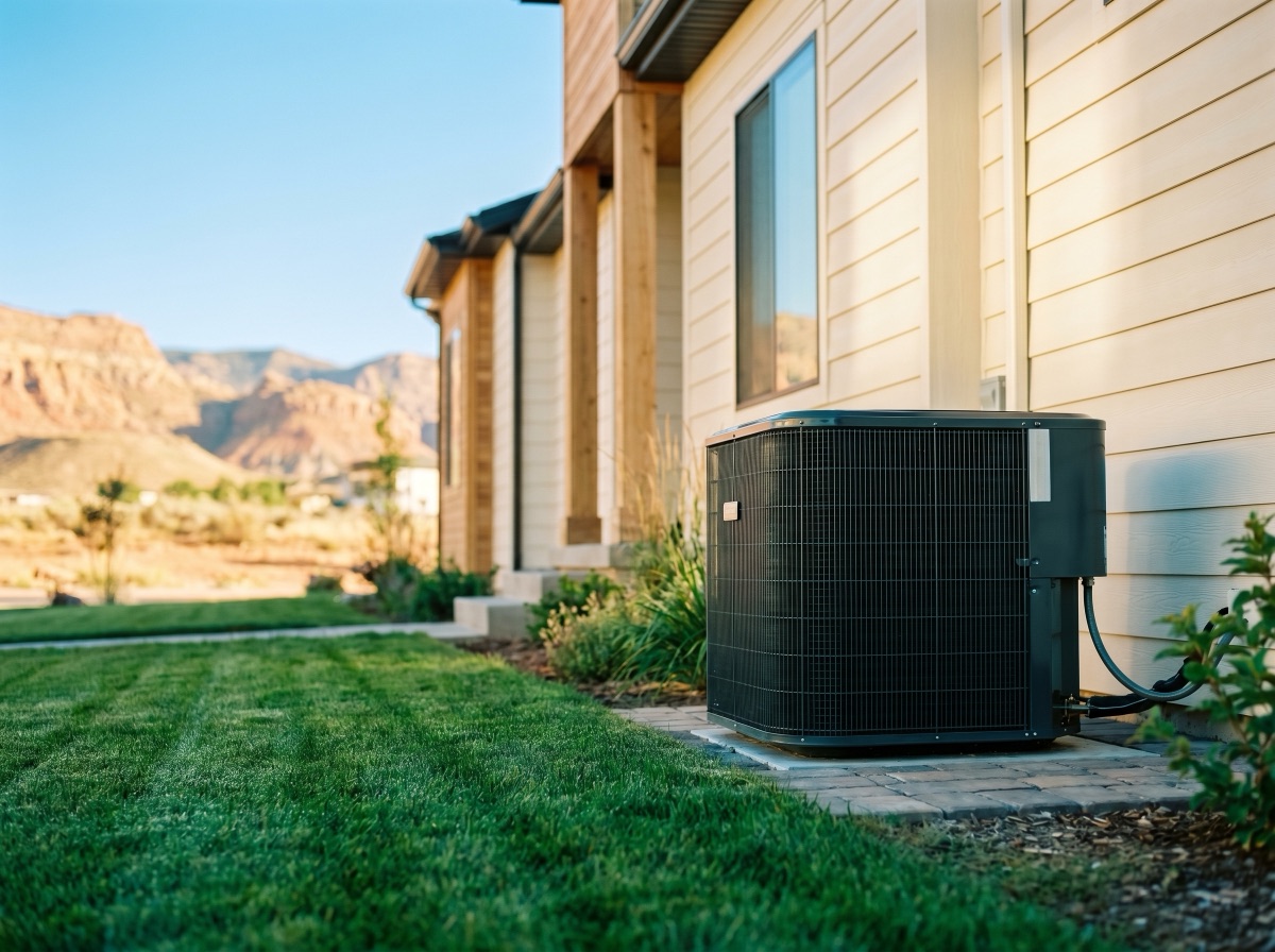 Residential air conditioning condenser unit beside a Utah home