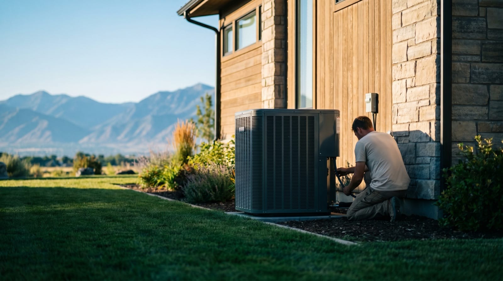 Modern residential air conditioning system outside a Utah home with mountains behind
