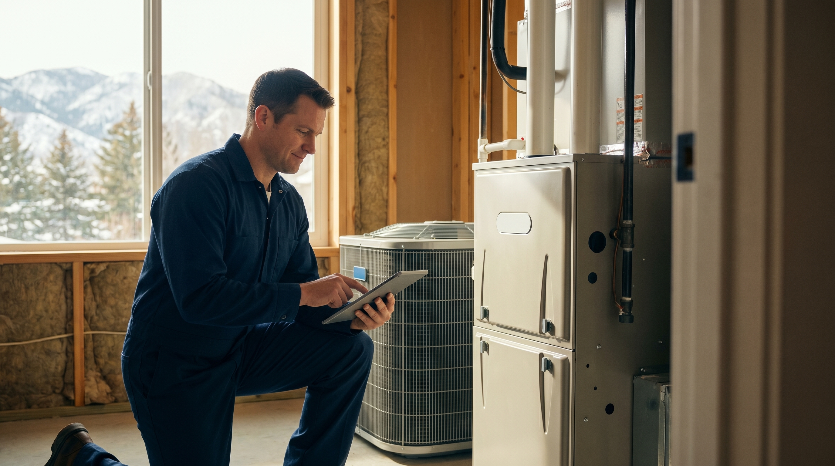 A freshly installed high-efficiency furnace and air conditioner at a Utah home, inspected by a Home Performance Pros technician