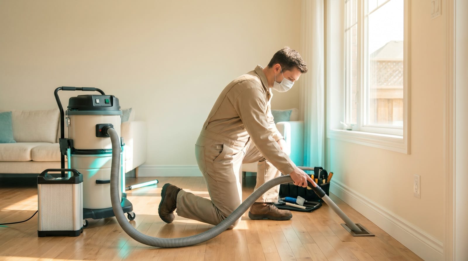 Technician cleaning home air ducts with professional equipment in a Utah home