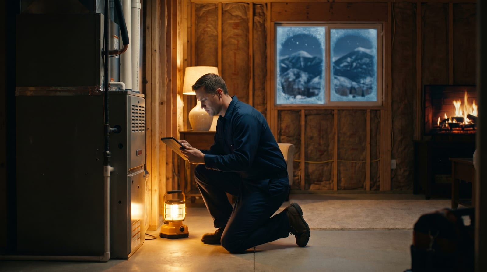 A Home Performance Pros technician making an after-hours emergency furnace repair by work light in a Utah home