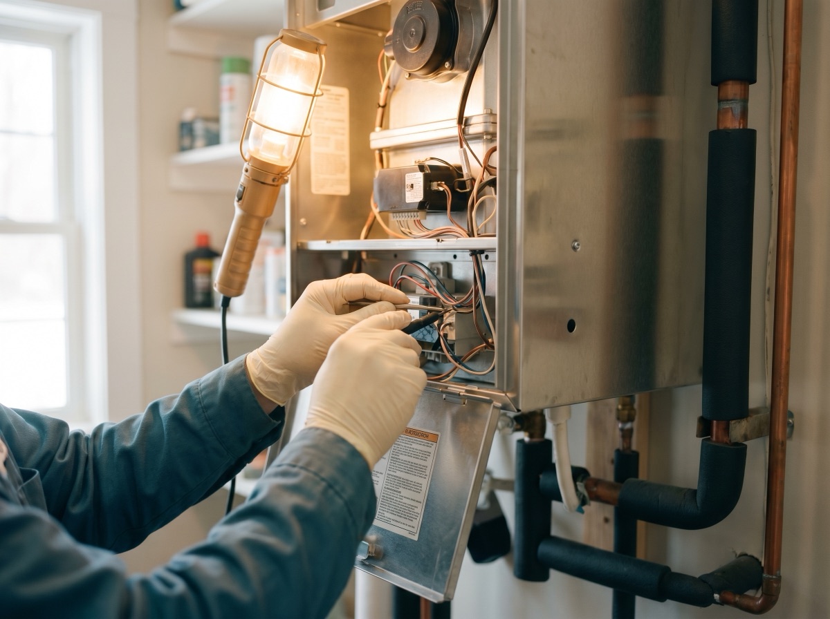 HVAC technician repairing a residential gas furnace in a Utah home