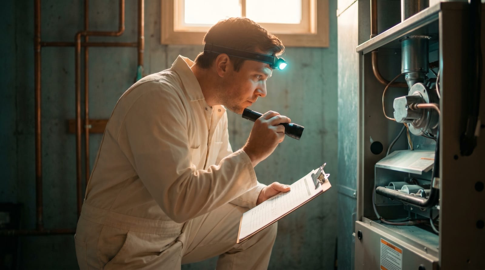 Technician performing a furnace tune-up and inspection in a Utah home
