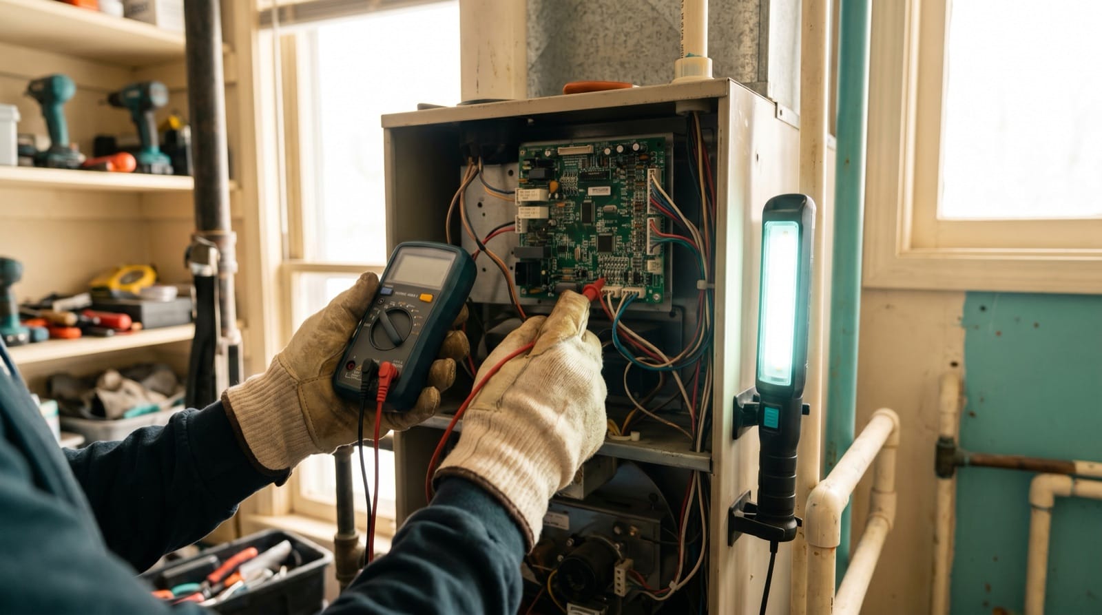 Technician diagnosing a residential gas furnace control board in Utah