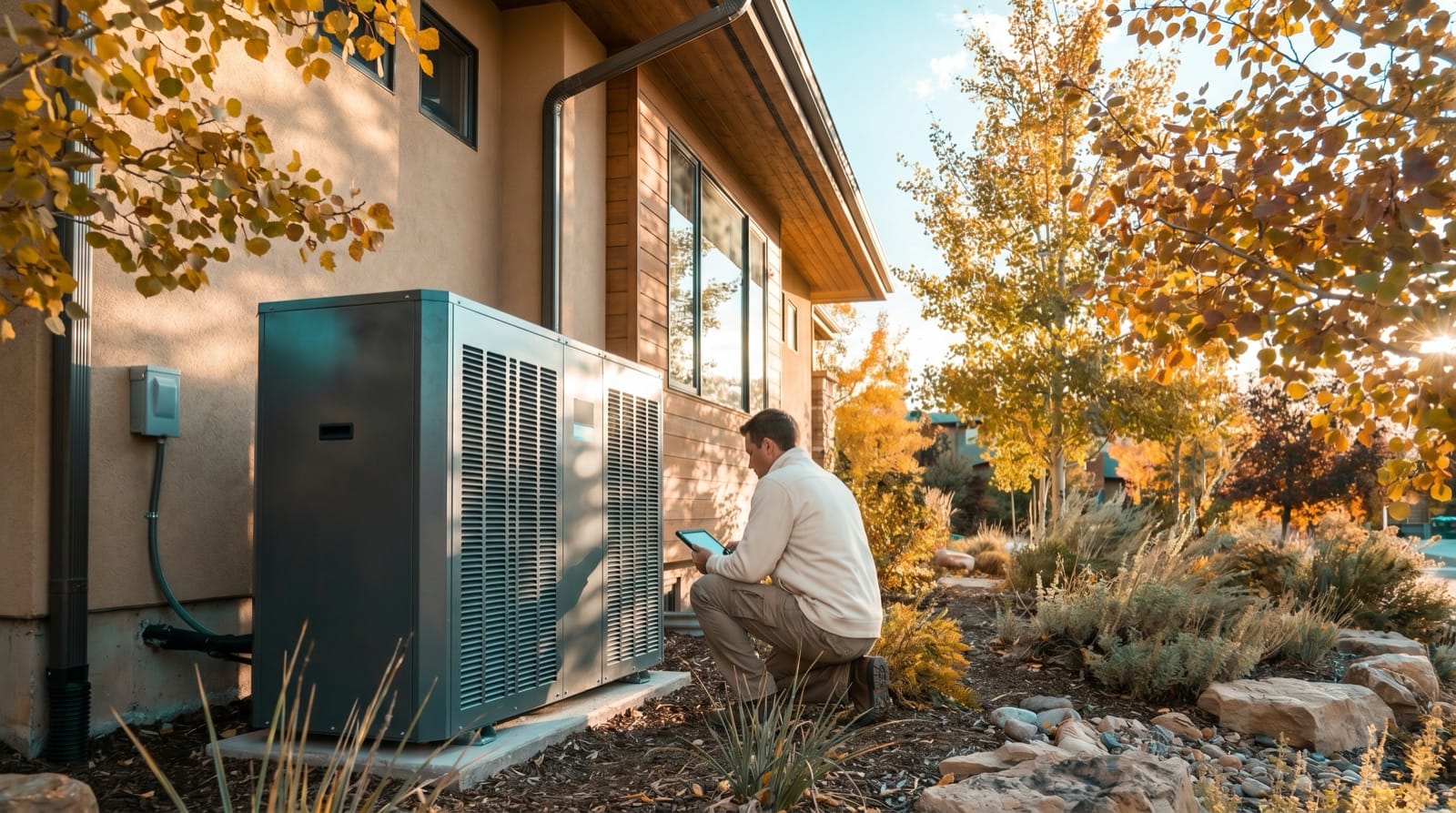 Modern residential heat pump unit beside a Utah home in autumn