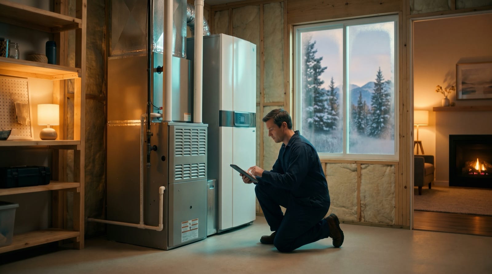 Home Performance Pros technician servicing a high-efficiency furnace in a Utah home