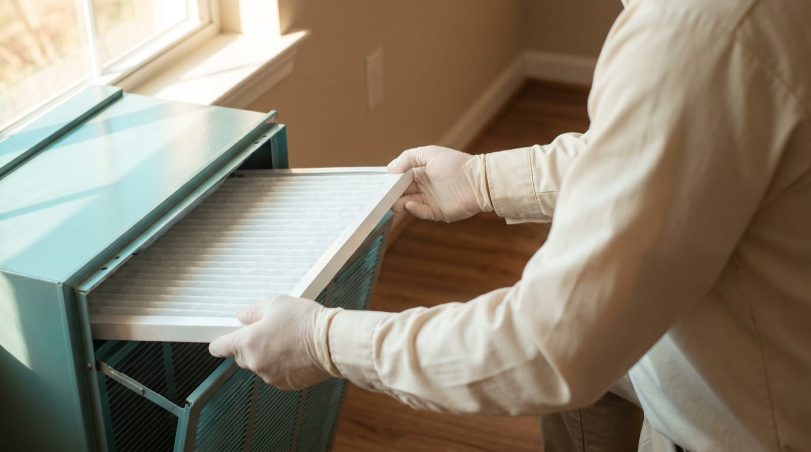 Technician sliding a clean high-efficiency air filter into a Utah home HVAC return