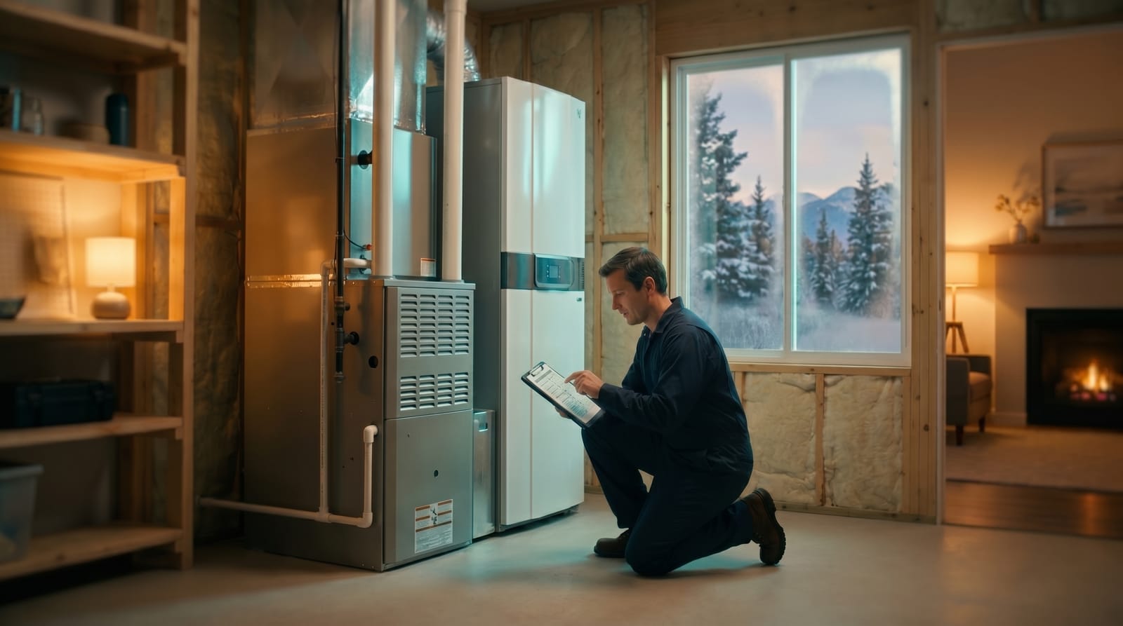 A Home Performance Pros technician performing a seasonal furnace tune-up during a Platinum Club maintenance visit in Utah