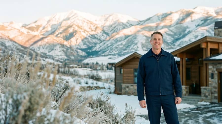 Home Performance Pros HVAC technician outside a Utah home with the Wasatch mountains behind