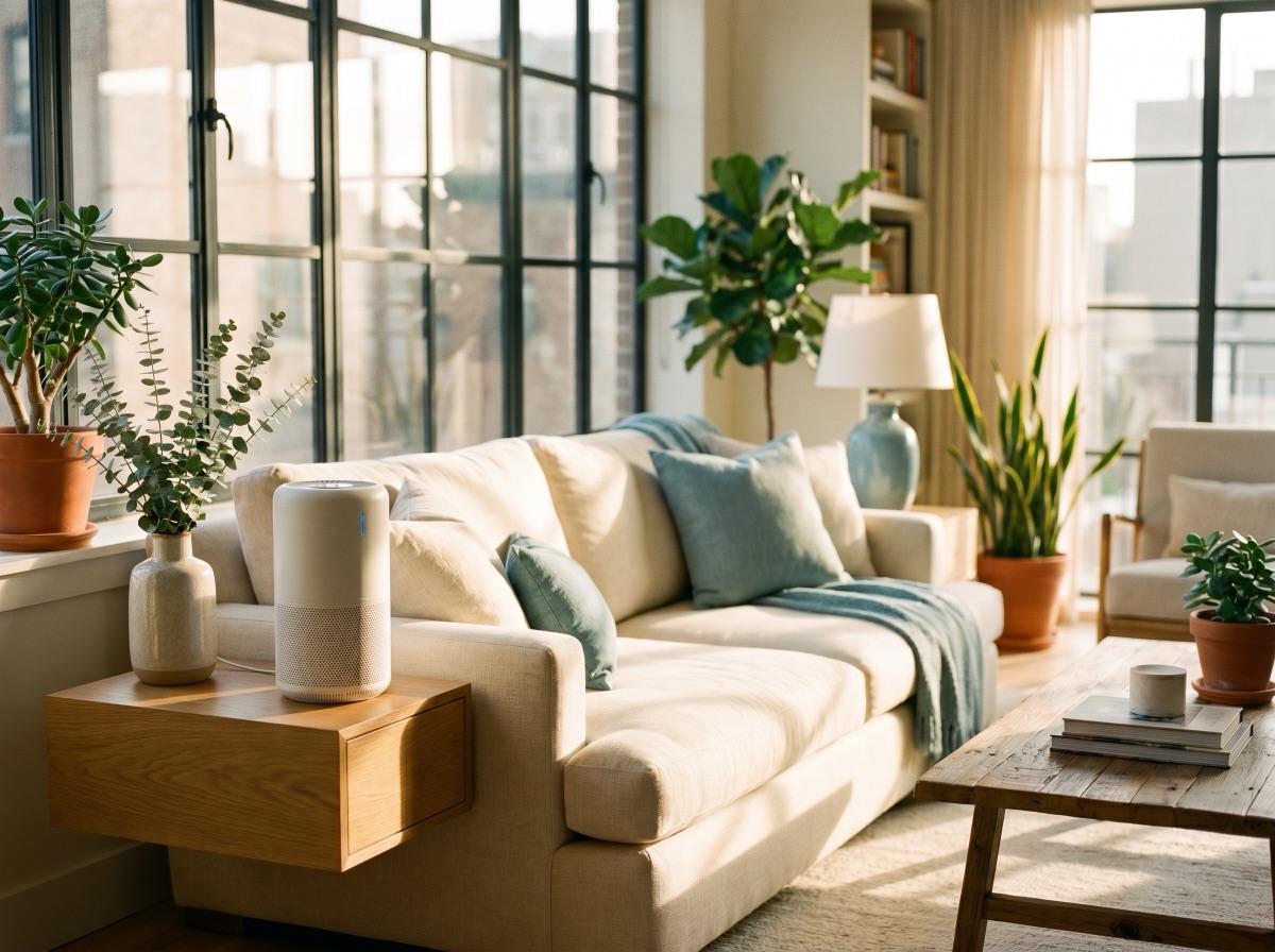 Clean, airy Utah living room with a home air purifier for indoor air quality
