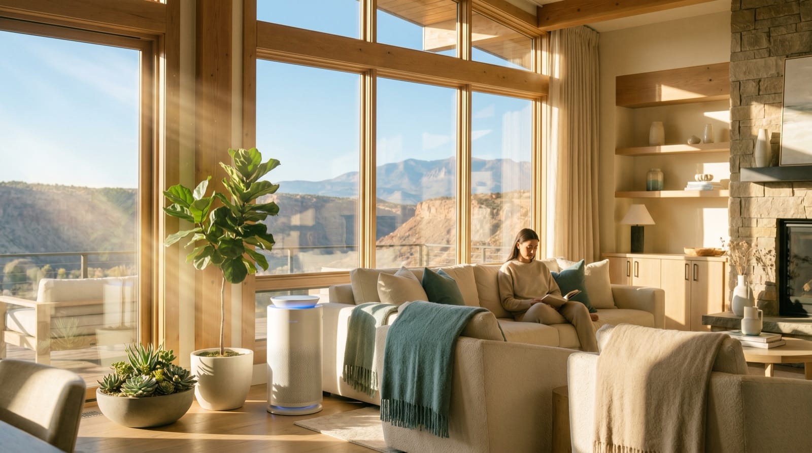 Bright, clean Utah living room with fresh air and a whole-home air purifier