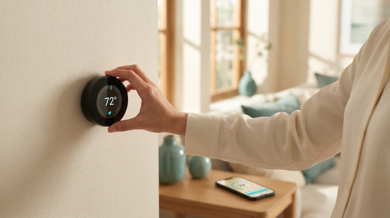 Hand adjusting a modern smart thermostat on the wall of a Utah home