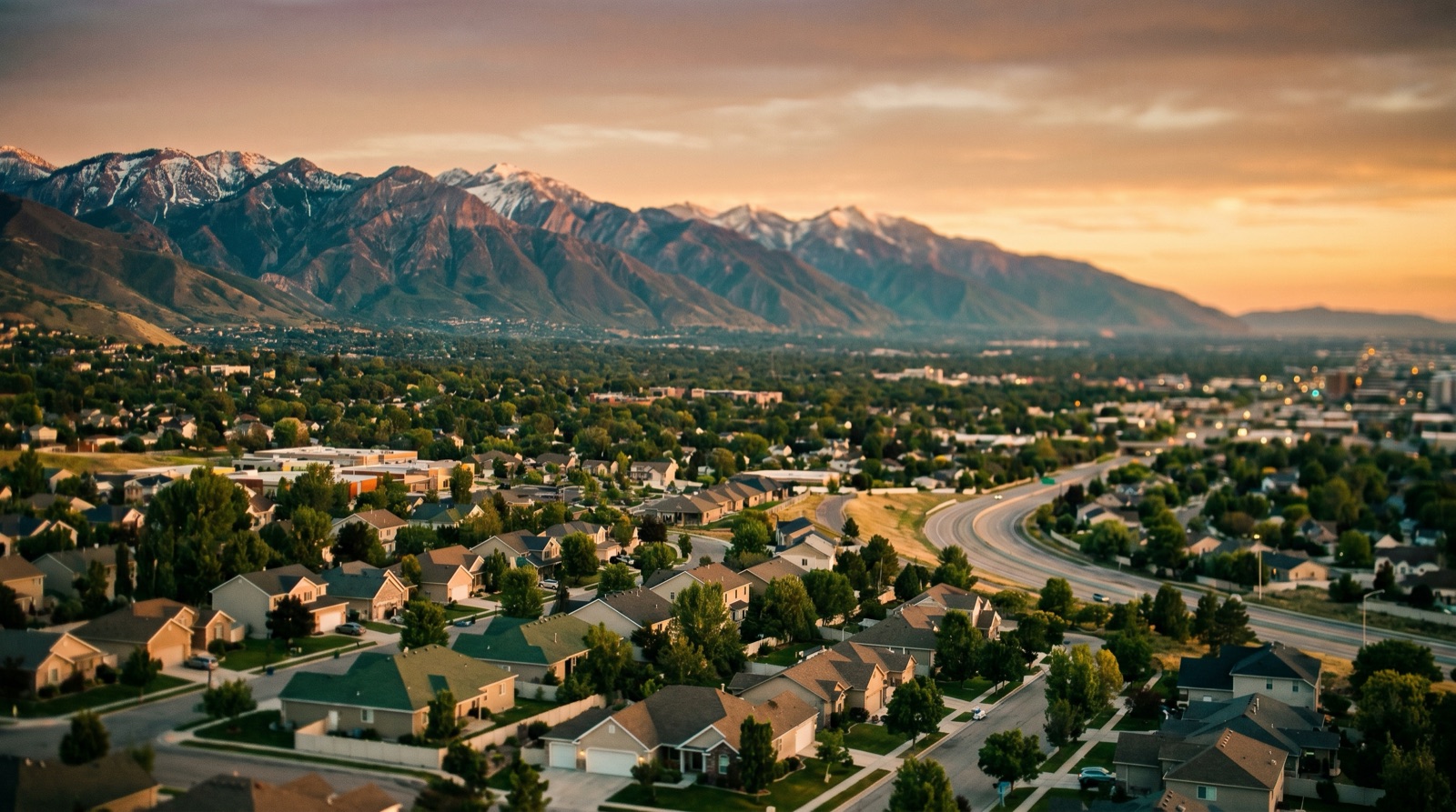 Aerial view of the Salt Lake City valley and the snow-capped Wasatch Front mountain range in Utah